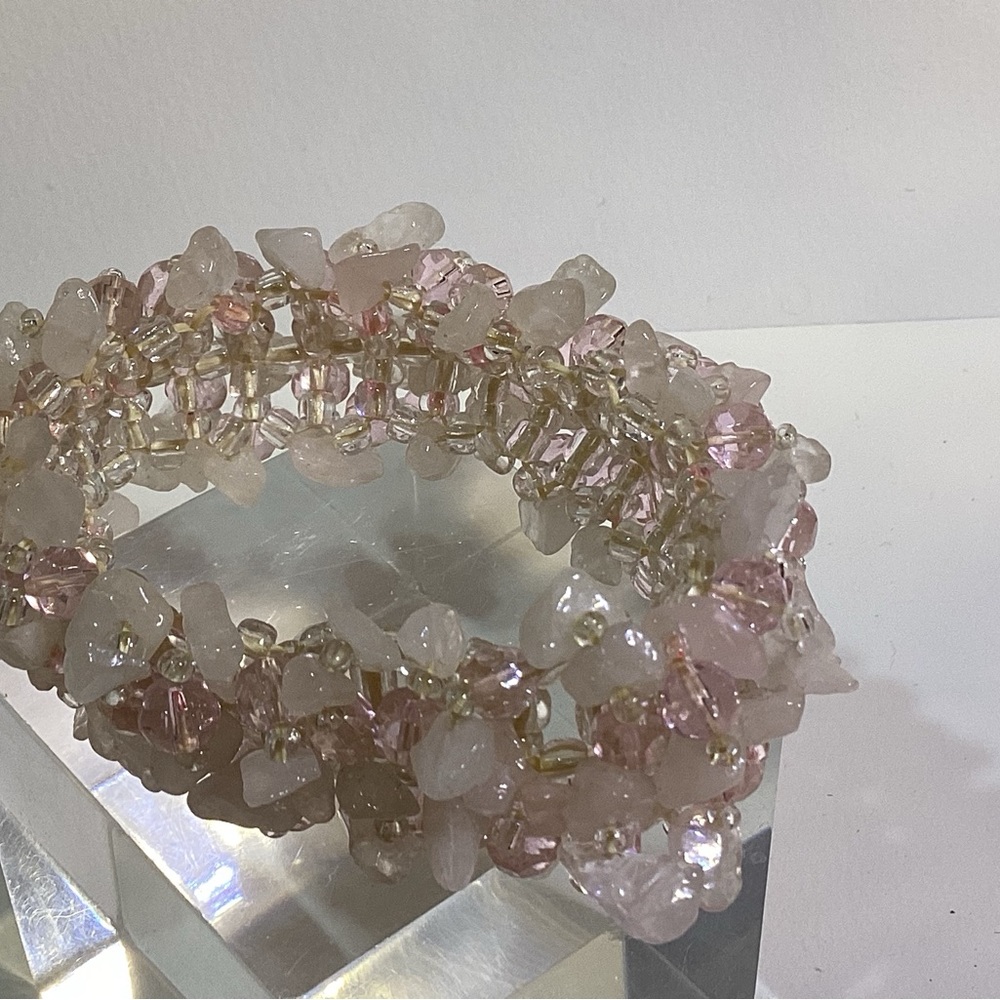 Vintage Rose Quartz and Pink Faceted Glass Beads Woven Bracelet 1”
